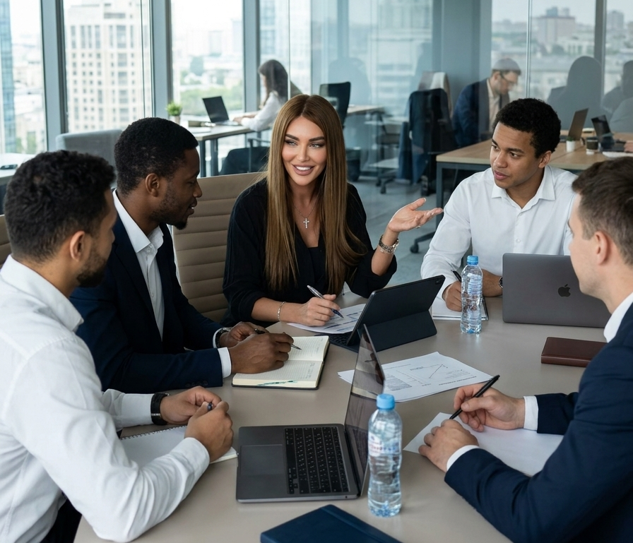 Strategic Alignment: Maison in executive boardroom session alongside lead M&A legal counsels, re-engineering cross-border entity governance and asset compliance.