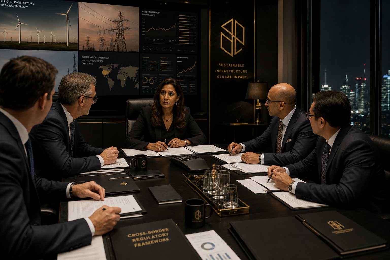 Executive session: Maison alongside infrastructure managing directors navigating multinational regulatory and compliance frameworks.
